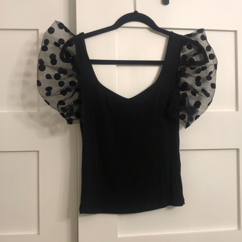 Black Polka Dot Puff Sleeve Shein Top